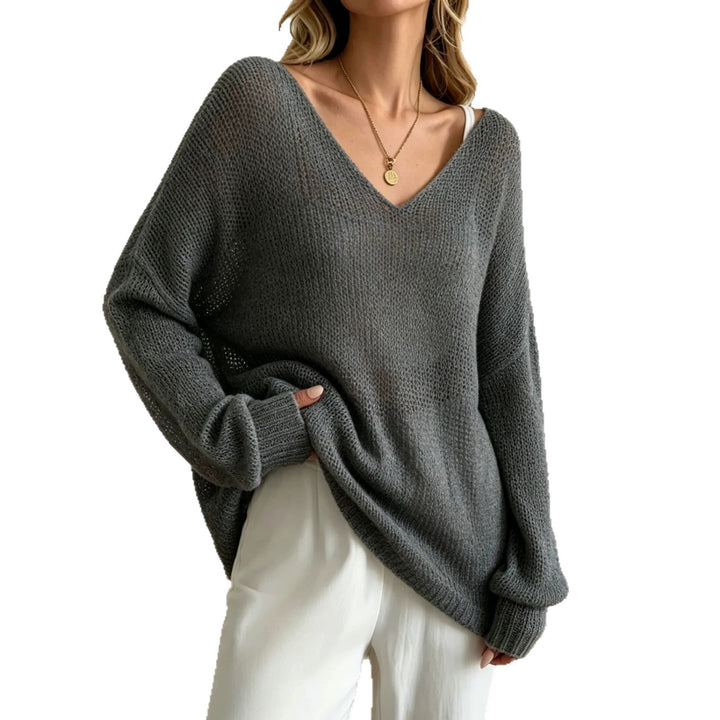 Women's Oversized Knit Sweater with Deep V-Neck and Fine Open Knit Structure Mune Fashion