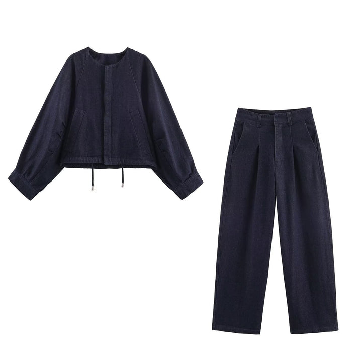 Women's Oversized Cropped Denim Jacket with Drawstring, Raglan Sleeves, and Hidden Button Placket Mune Fashion