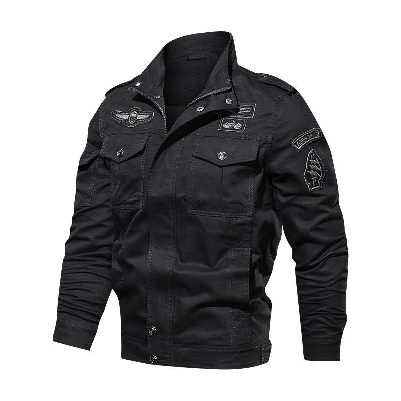 Men's Military Canvas Field Jacket with Patches and Stand Collar Mune Fashion