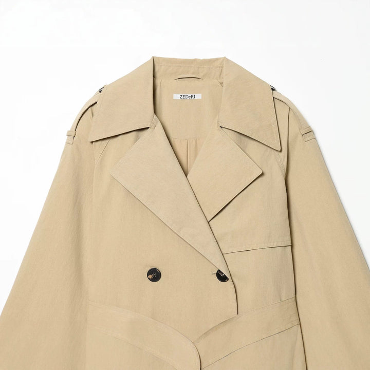 Women's short-cut trench coat with belted waist and double-breasted Mune Fashion