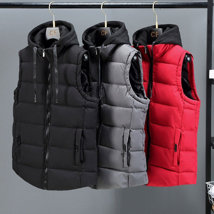 Men's Padded Hooded Vest with Stand-up Collar, Full-length Zipper and Drawstring Mune Fashion