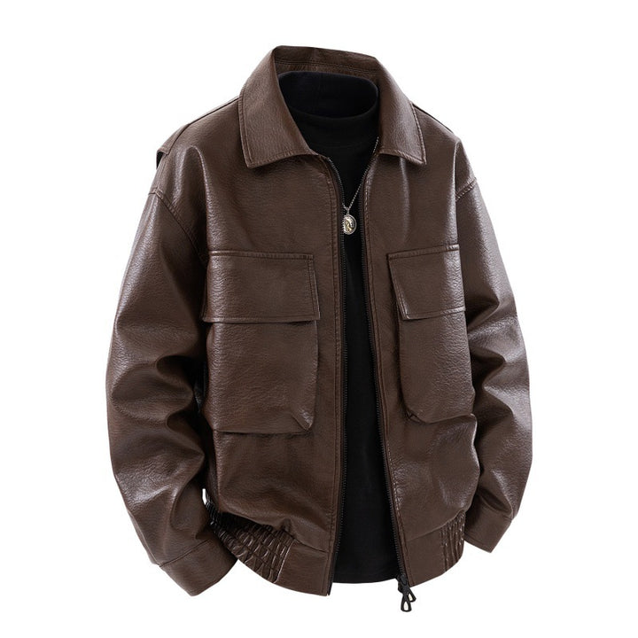 Men's Boxy Faux Leather Flight Jacket with Large Flap Front Pockets andElastic Waistband Mune Fashion