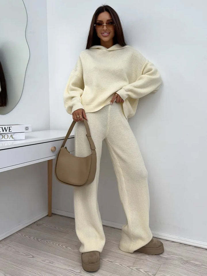 Women's elegant cashmere-like knit set with asymmetric waterfall collar and flowing palazzo knit trousers Mune Fashion