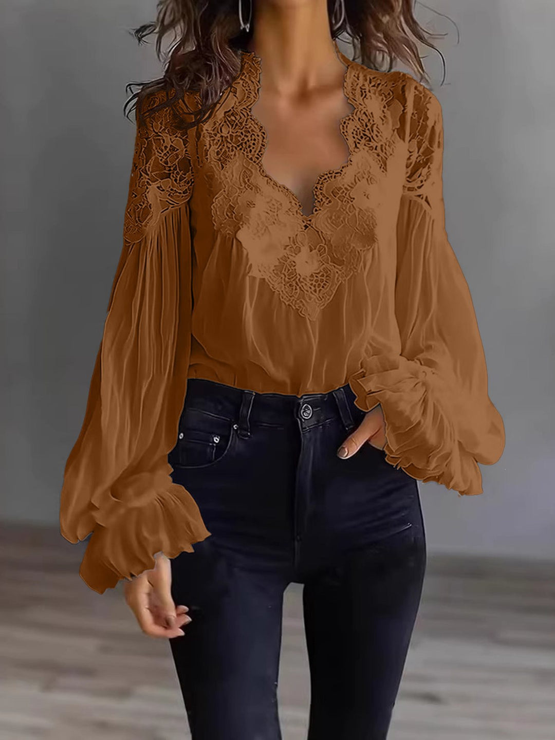 Women's Chiffon Blouse with Lace V-Neck and Wide Pleated Sleeves Mune Fashion