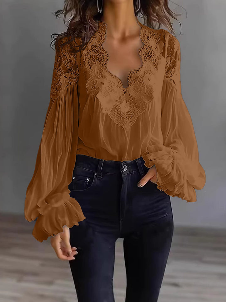 Women's Chiffon Blouse with Lace V-Neck and Wide Pleated Sleeves Mune Fashion