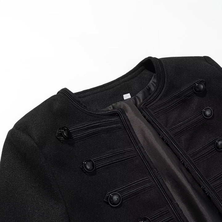Women’s short blazer in historical drummer style with round neck, decorative straps and patent buttons Mune Fashion