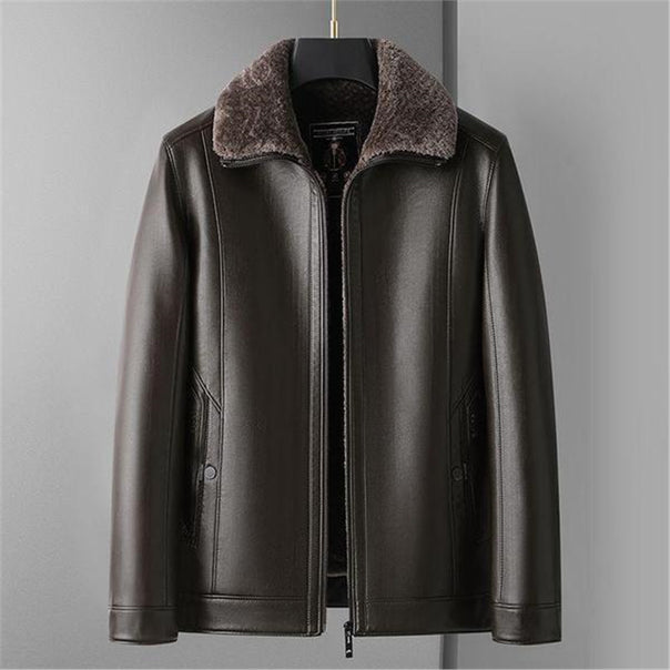 Men's Sheepskin Lined Genuine Leather Jacket with Thermal Lining and Stand-Up Collar Mune Fashion