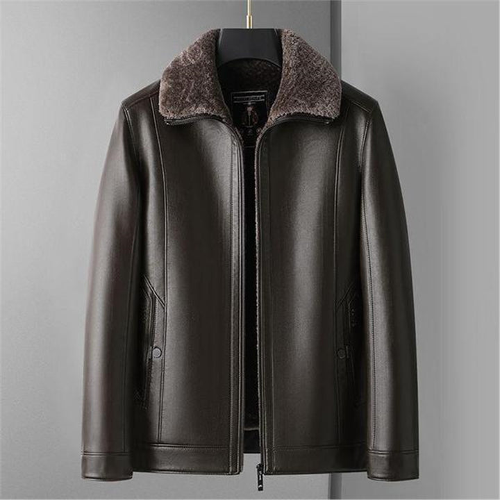 Men's Sheepskin Lined Genuine Leather Jacket with Thermal Lining and Stand-Up Collar Mune Fashion