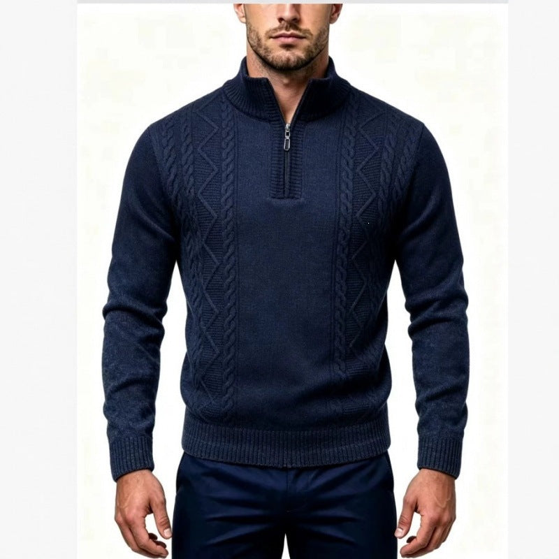 Men's Structured Half-Zip Pullover with Stand-Up Collar and Cable Knit Details Mune Fashion