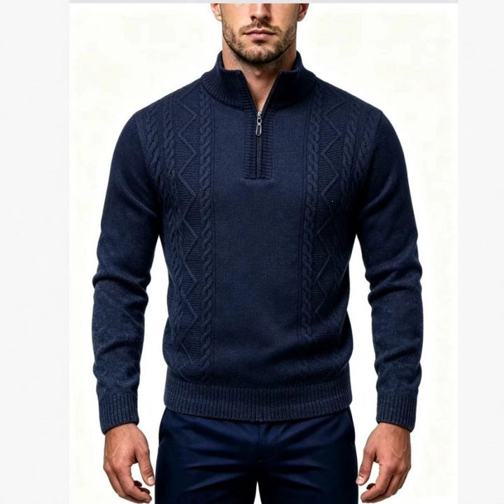 Men's Structured Half-Zip Pullover with Stand-Up Collar and Cable Knit Details Mune Fashion