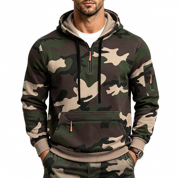 Men's Hoodie with Camouflage Pattern, Zipper Pockets and Kangaroo Pocket Mune Fashion