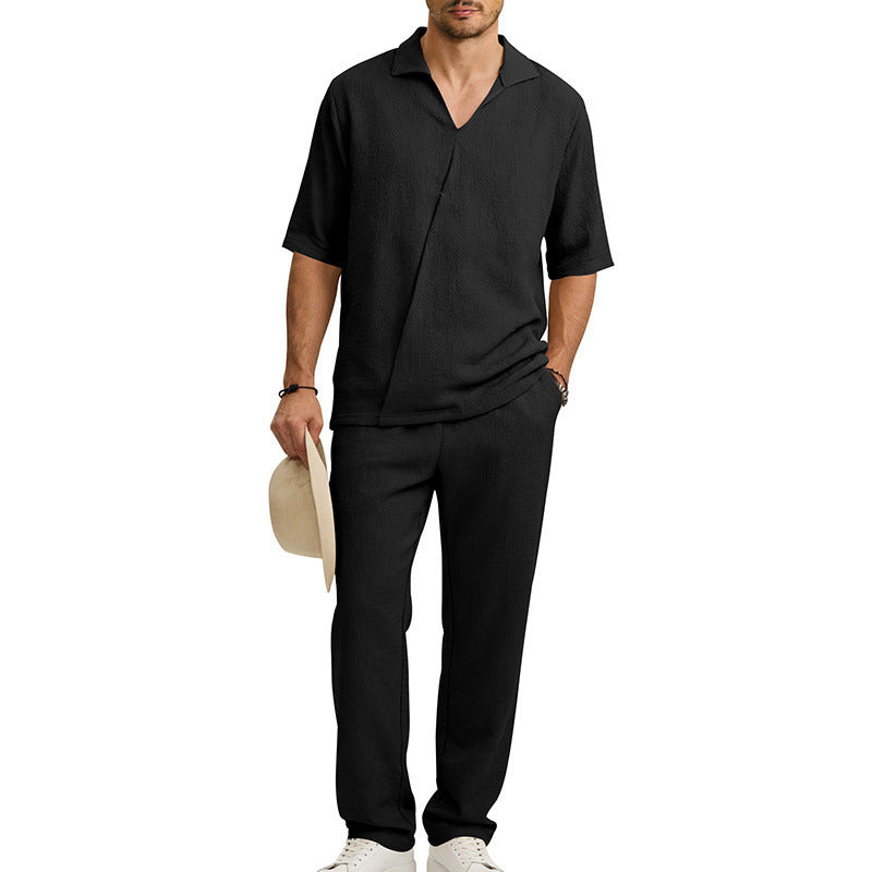 Men's crepe structure leisure set with open lapel collar and straight comfort trousers with side pockets Mune Fashion