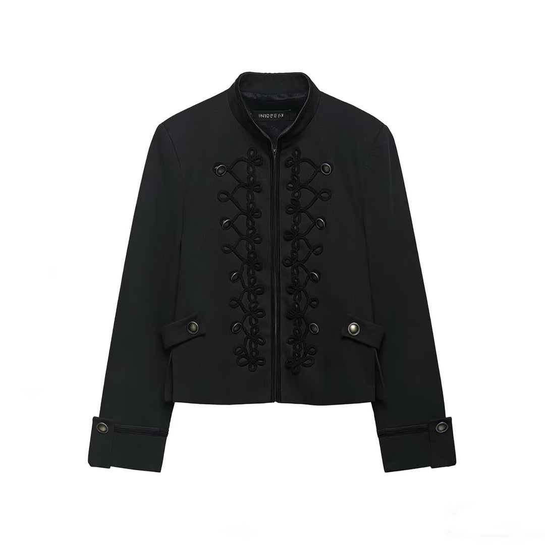 Women's Cropped Military Jacket with Standing Collar and Decorative Cord Application Mune Fashion