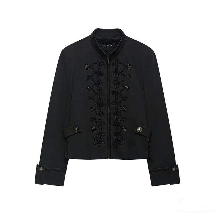 Women's Cropped Military Jacket with Standing Collar and Decorative Cord Application Mune Fashion
