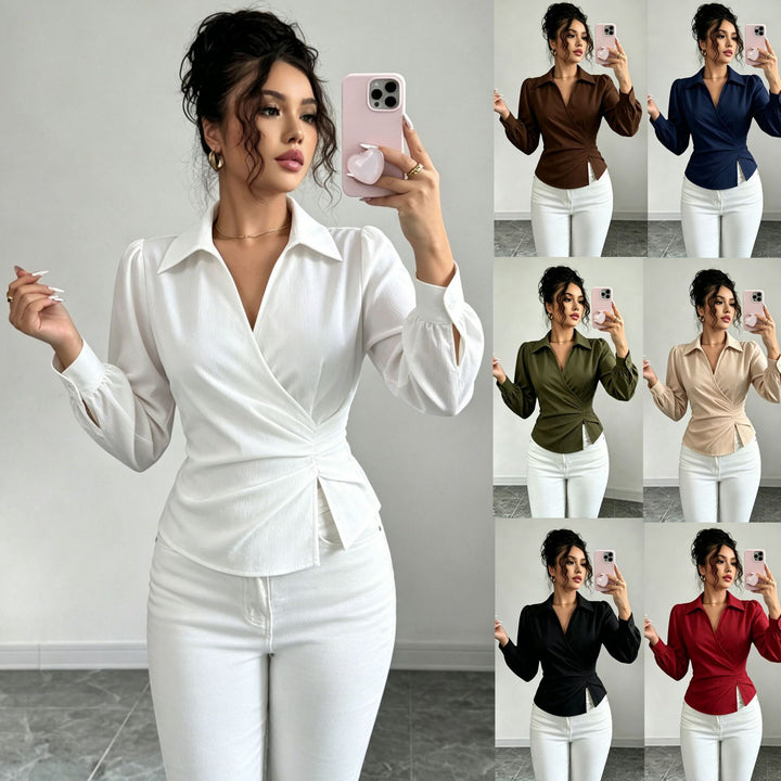 Women’s wrap blouse with waist gathering, shirt collar, and balloon sleeves Mune Fashion