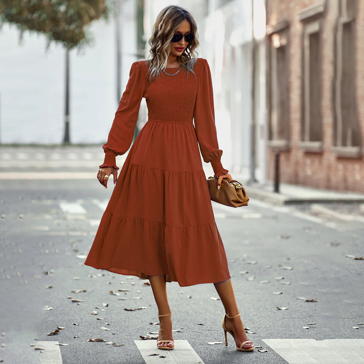 Ladies' gathered midi dress with smocked top, balloon-shaped sleeves, and tiered ruffle skirt Mune Fashion