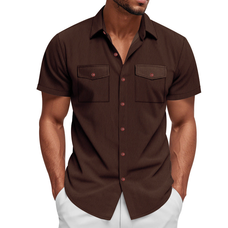 Men's casual short-sleeve shirt with lapel collar, patch flap pockets and fine pinstripe texture Mune Fashion