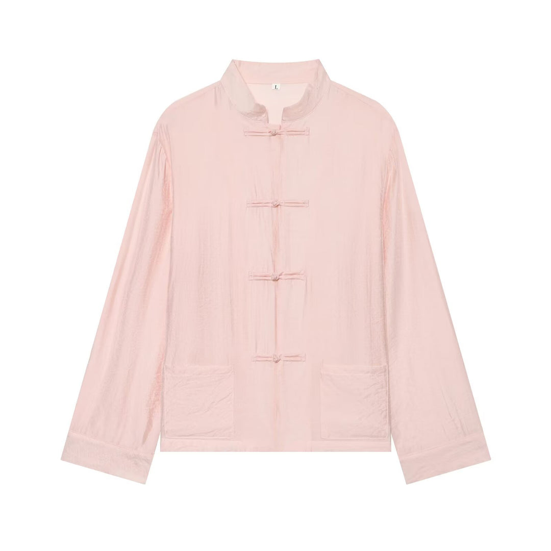 Women's Asian-inspired transitional jacket with stand-up collar, knot closures, and patch pockets Mune Fashion