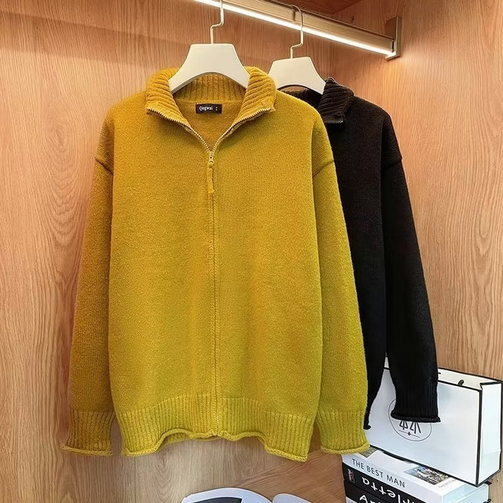 Unisex Comfortable Zipper Knit Jacket with Straight Cut and Stand-Up Collar Mune Fashion