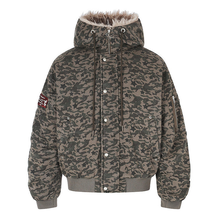 Women's quilted bomber jacket with faux fur hood, drawstring, and utility pockets Mune Fashion
