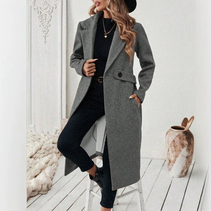 Women Longline Coat with Lapel Collar and Flap Pocket Detail Mune Fashion