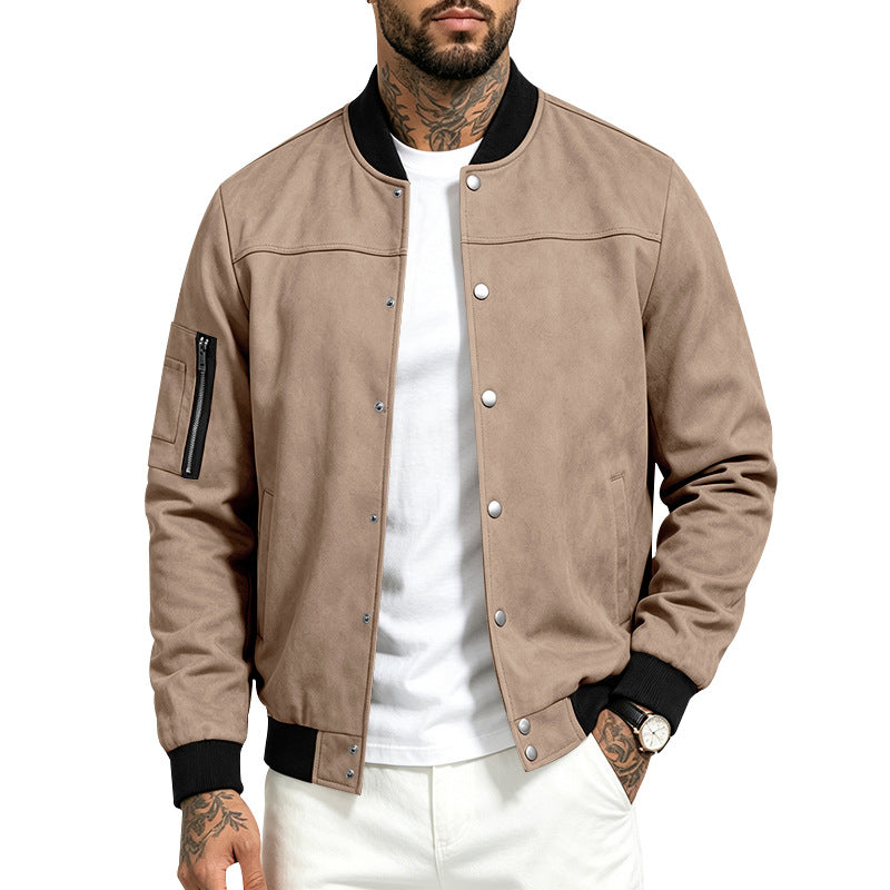 Men's Suede-Look Bomber Jacket with Snap Button Placket, Arm Pocket and Ribbed Cuffs Mune Fashion