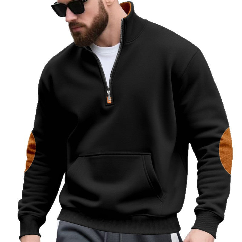 Men's half-zip sweatshirt with stand-up collar, kangaroo pocket, and contrasting elbow patches Mune Fashion