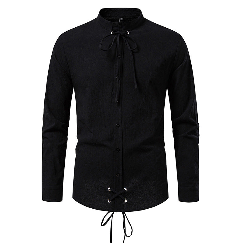 Men's Tailored Long Sleeve Shirt with Stand-Up Collar and Decorative Lacing Mune Fashion