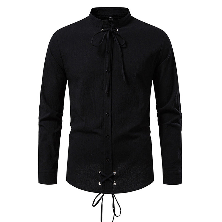 Men's Tailored Long Sleeve Shirt with Stand-Up Collar and Decorative Lacing Mune Fashion