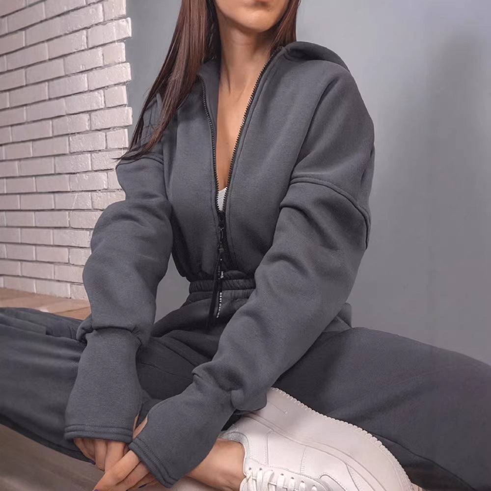 Ladies Tailored Hooded Sweat Jumpsuit with Zipper and Elastic Waistband Mune Fashion