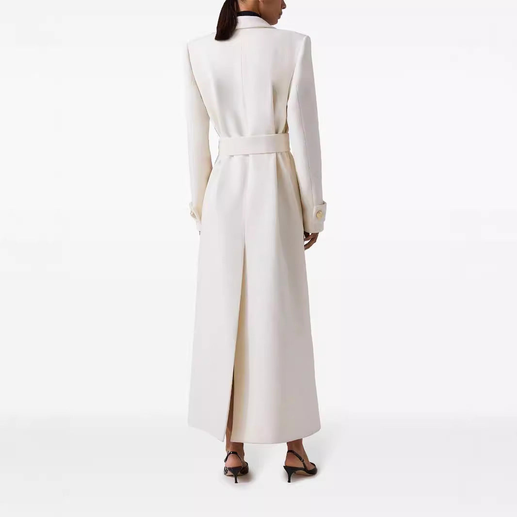 Women Long Double-Breasted Wool Coat with Waist Belt Mune Fashion