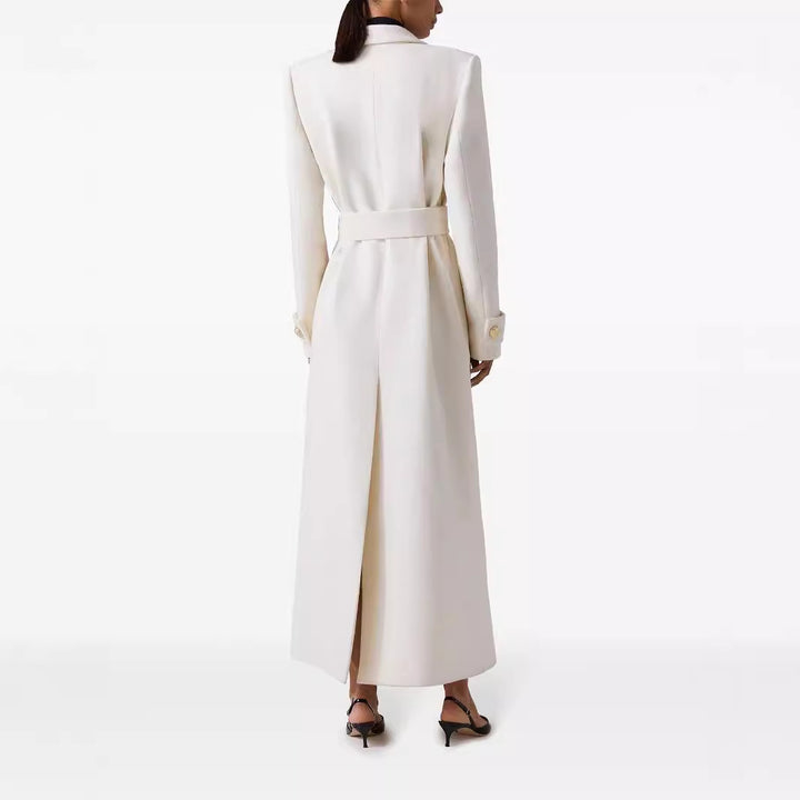 Women Long Double-Breasted Wool Coat with Waist Belt Mune Fashion