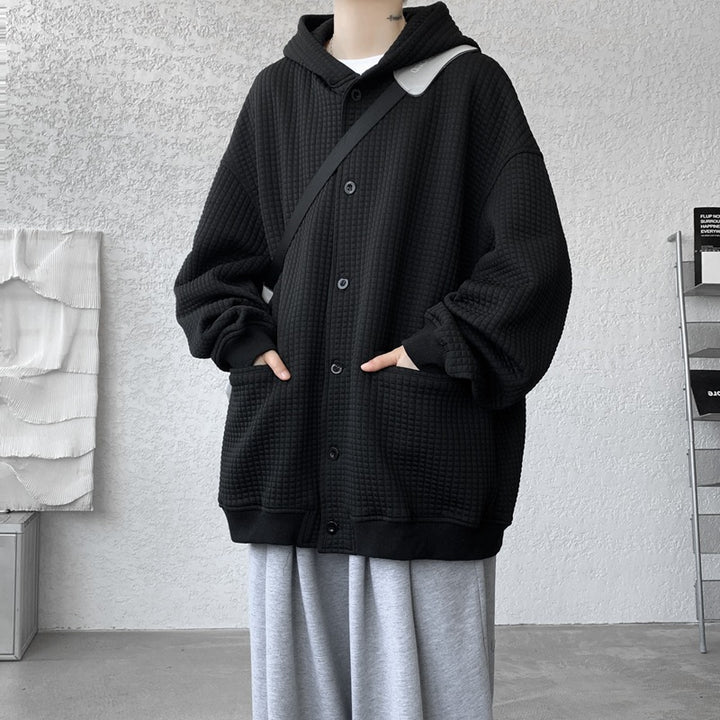 Men's Oversized Quilted Hooded Jacket with Waffle Texture, Button Placket and Side Pockets Mune Fashion