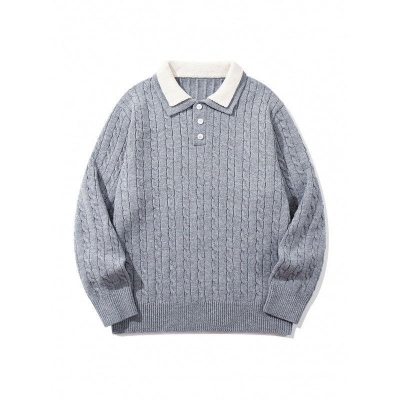 Men's Chunky Knitted Polo Collar Sweater with Cable Pattern and Button Placket Mune Fashion