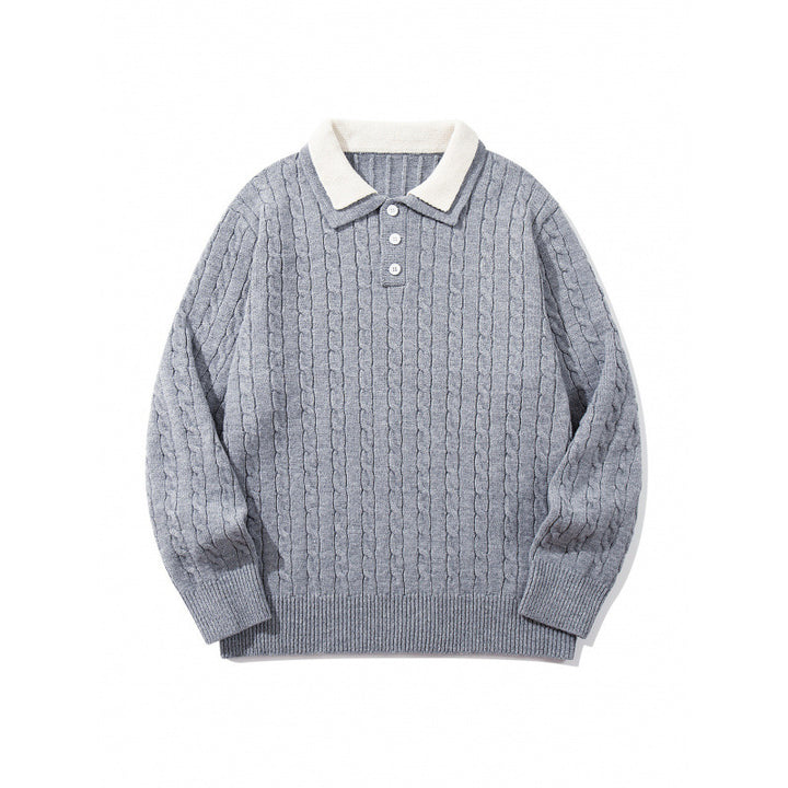 Men's Chunky Knitted Polo Collar Sweater with Cable Pattern and Button Placket Mune Fashion