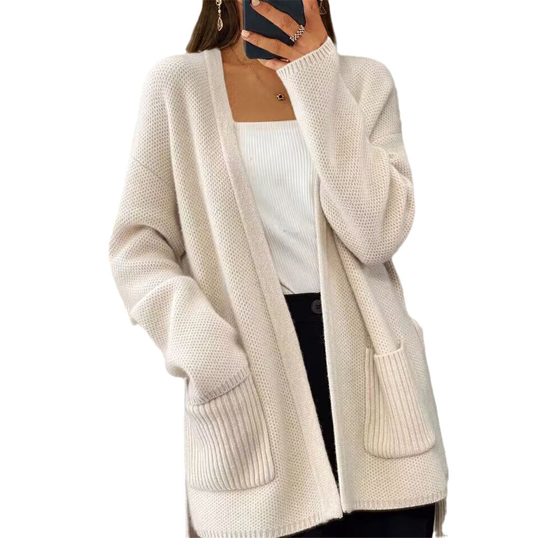 Ladies long cardigan with tie belt, patch rib pockets and loose waffle knit Mune Fashion