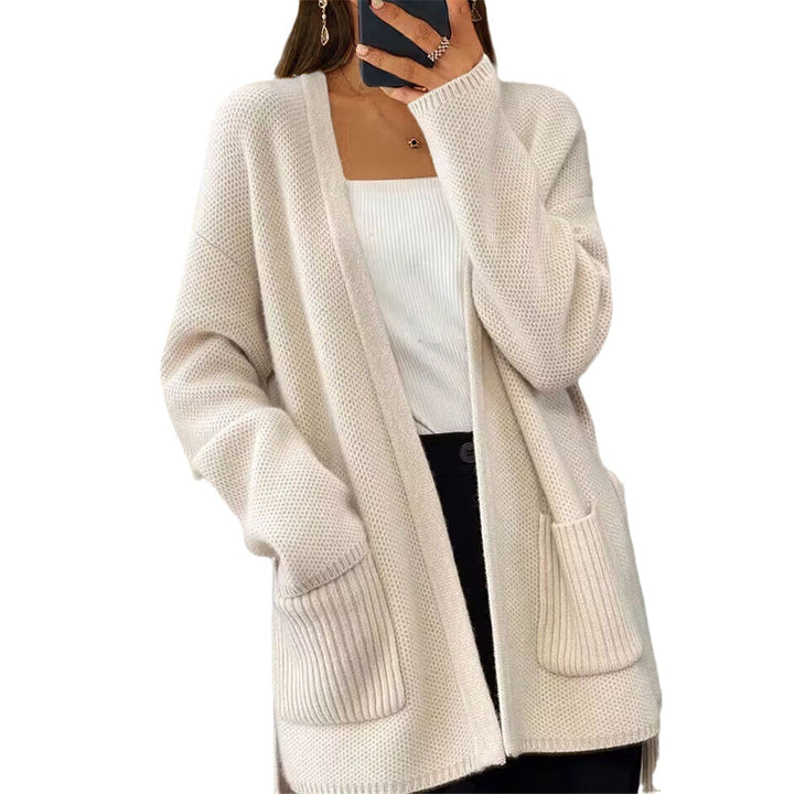 Ladies long cardigan with tie belt, patch rib pockets and loose waffle knit Mune Fashion