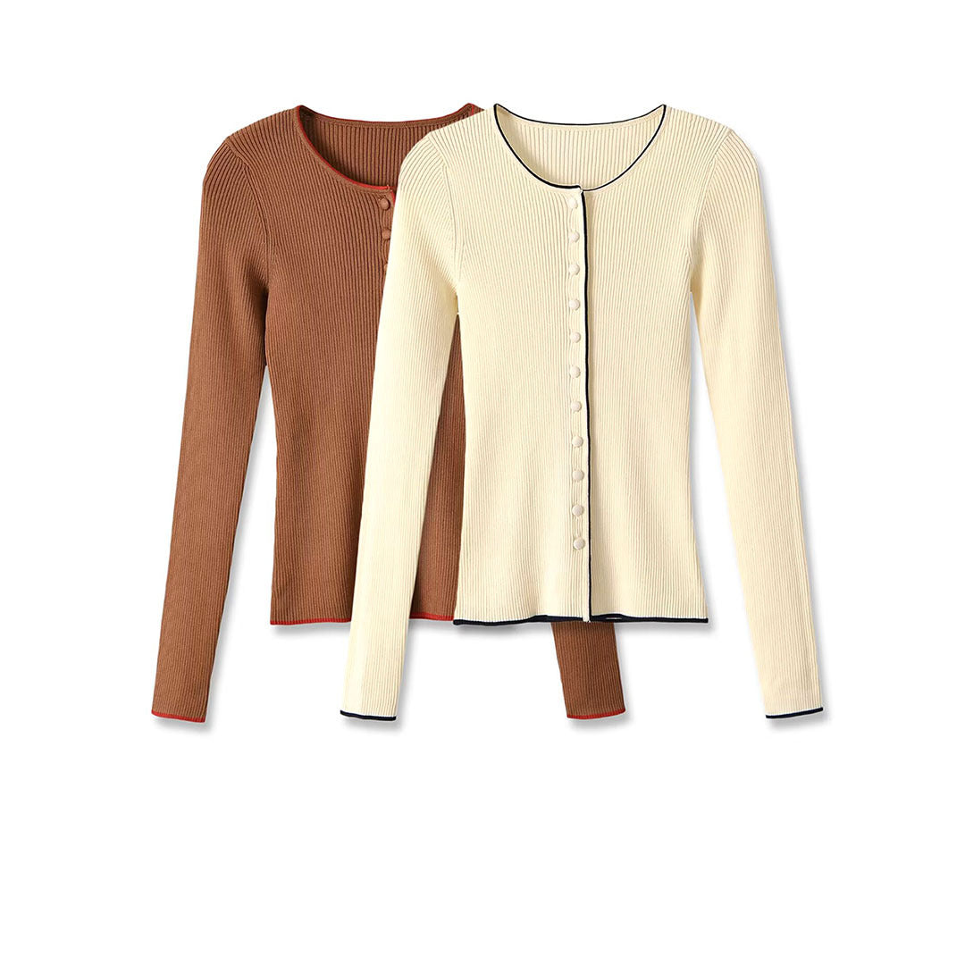 Women's fine ribbed cardigan with concealed button placket and contrast edge Mune Fashion