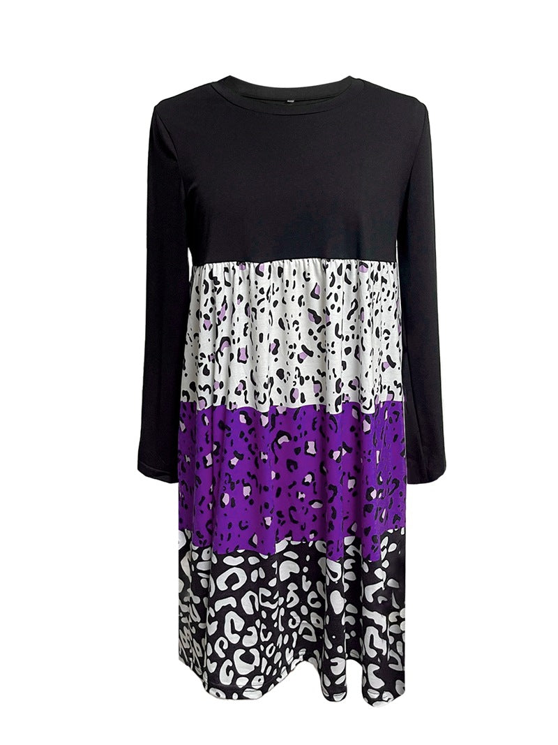 Ladies long-sleeve tiered dress with gathered empire waist and mixed animal print Mune Fashion