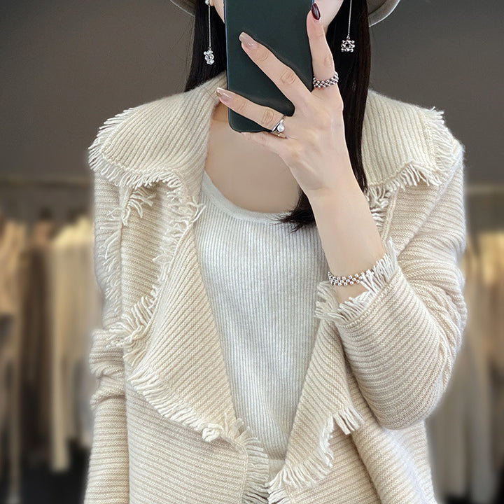 Women’s Long Fringe Knit Cardigan with Large Shawl Collar and Fine Rib Structure Mune Fashion