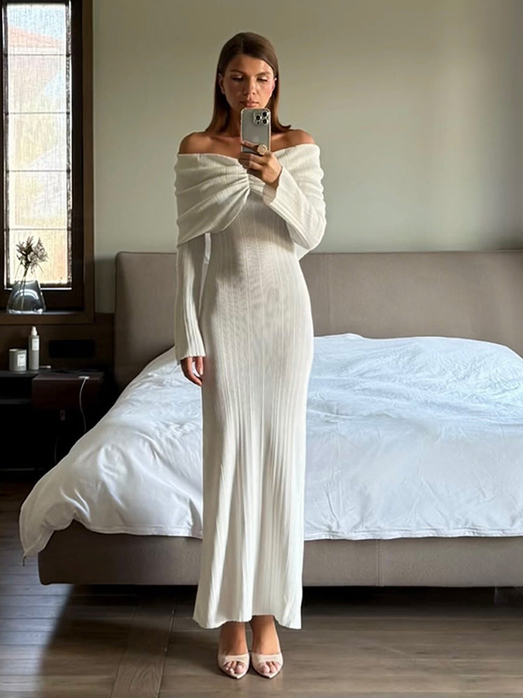 Women's Off-Shoulder Maxi Dress made of ribbed fine knit with draped sweetheart neckline and figure-hugging silhouette Mune Fashion