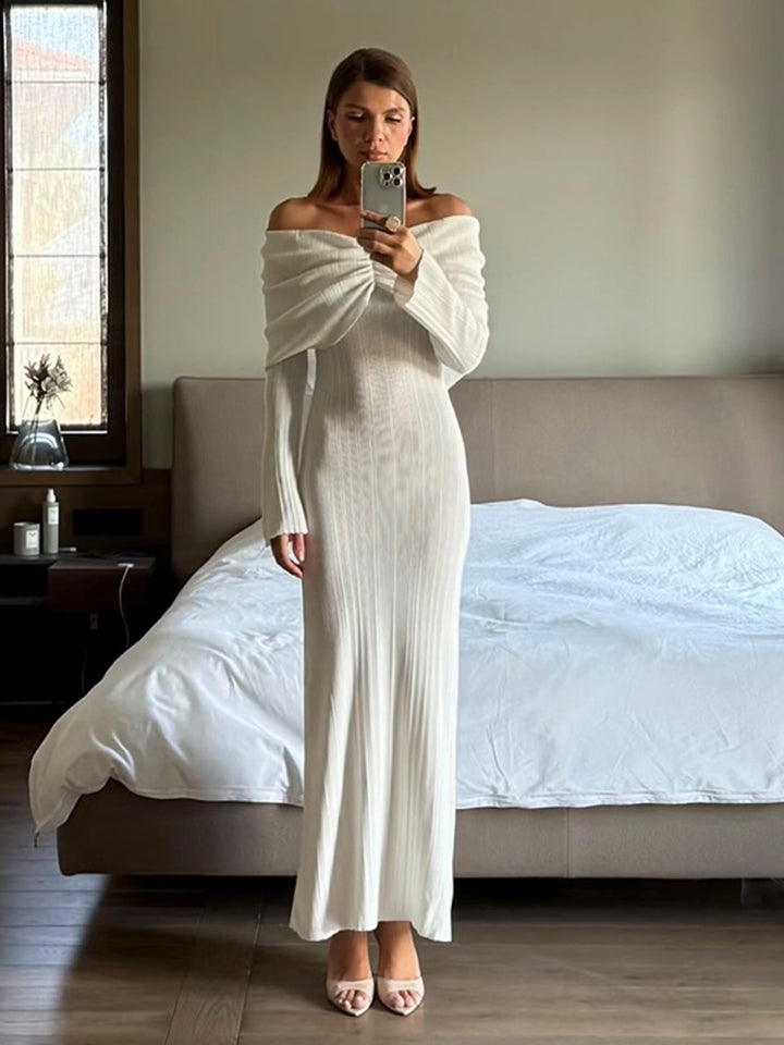 Women's Off-Shoulder Maxi Dress made of ribbed fine knit with draped sweetheart neckline and figure-hugging silhouette Mune Fashion