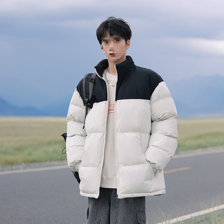 Men's Oversized Quilted Jacket with Colorblock Shoulder, High Stand Collar & Windproof Padding Mune Fashion