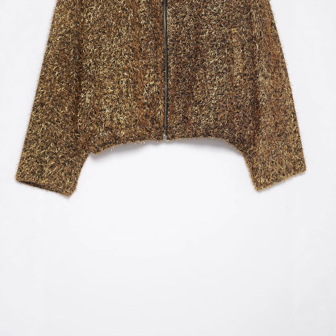 Women's cropped glitter cardigan with zipper and wide shawl collar Mune Fashion