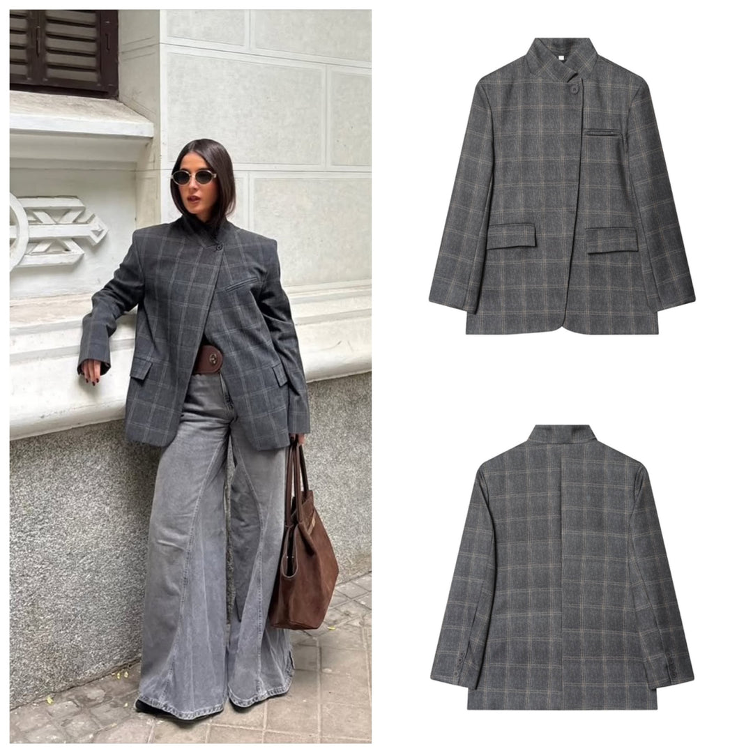 Women's tailored check blazer with stand-up collar, concealed button placket and flap pockets Mune Fashion