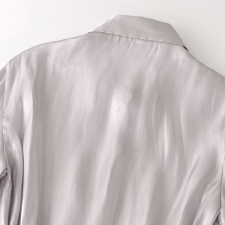 Ladies silk matte tailored shirt blouse with drawstring and concealed button placket Mune Fashion