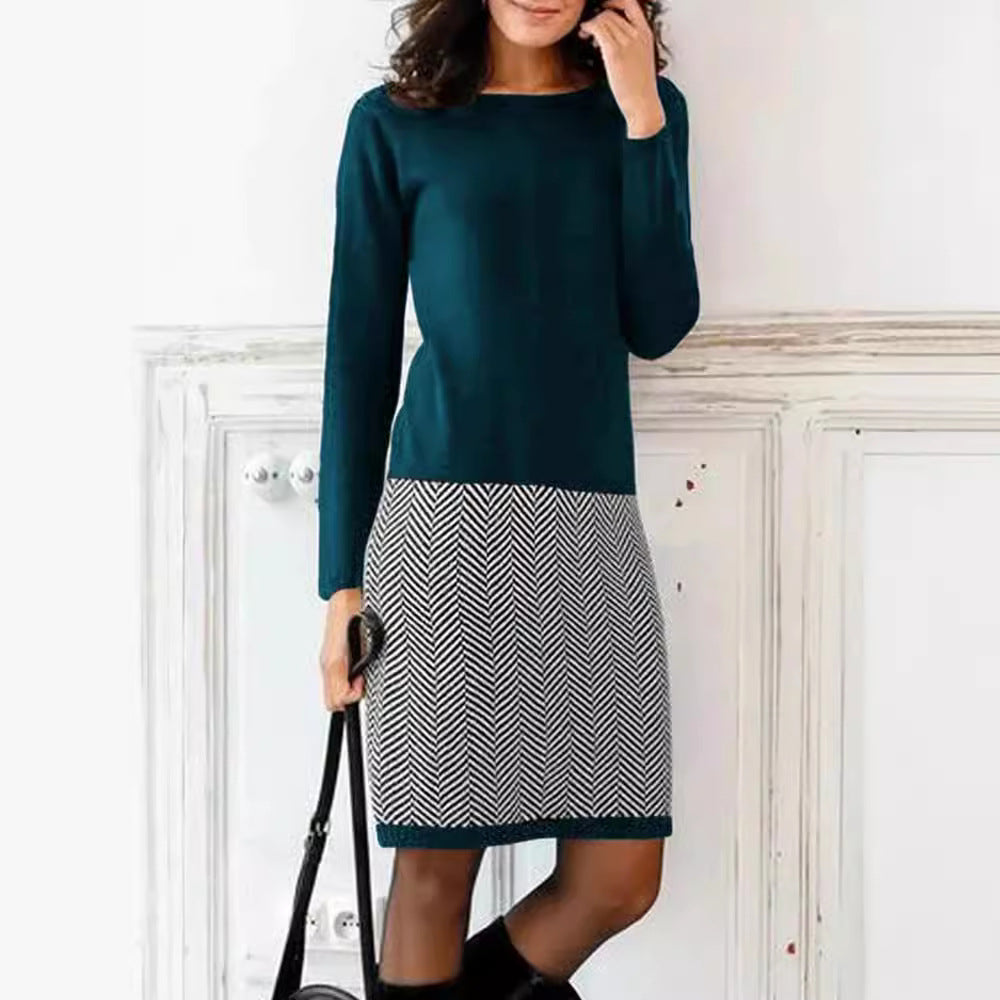 Women's Knitted Dress with Elegant Chevron Pattern Mune