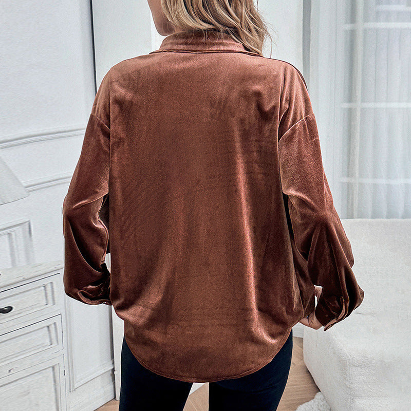 Women’s velour shirt blouse with chest pocket and classic collar Mune Fashion