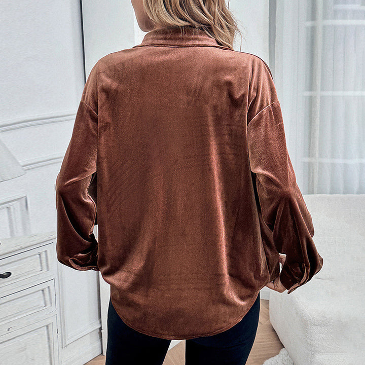 Women’s velour shirt blouse with chest pocket and classic collar Mune Fashion