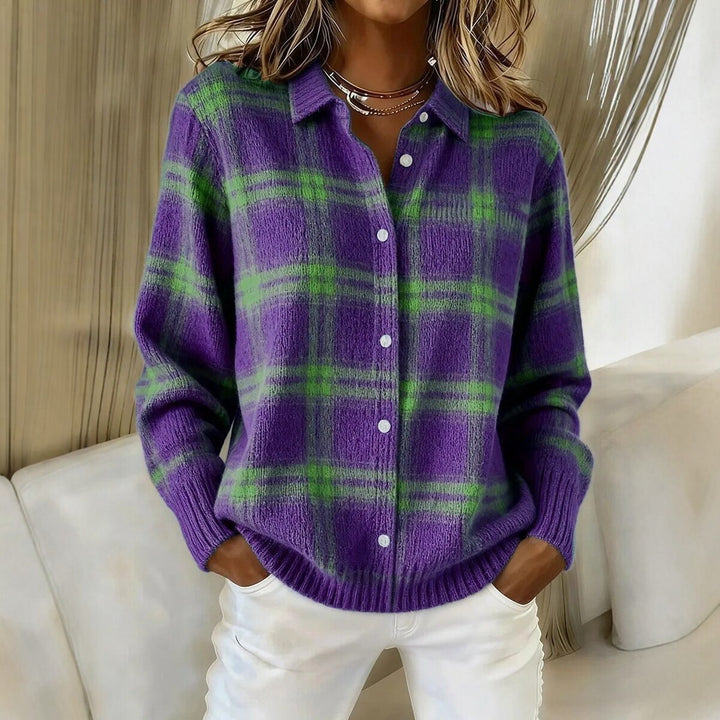 Women's Checked Knit Shirt Jacket Cardigan with Shirt Collar and Ribbed Cuffs Mune Fashion